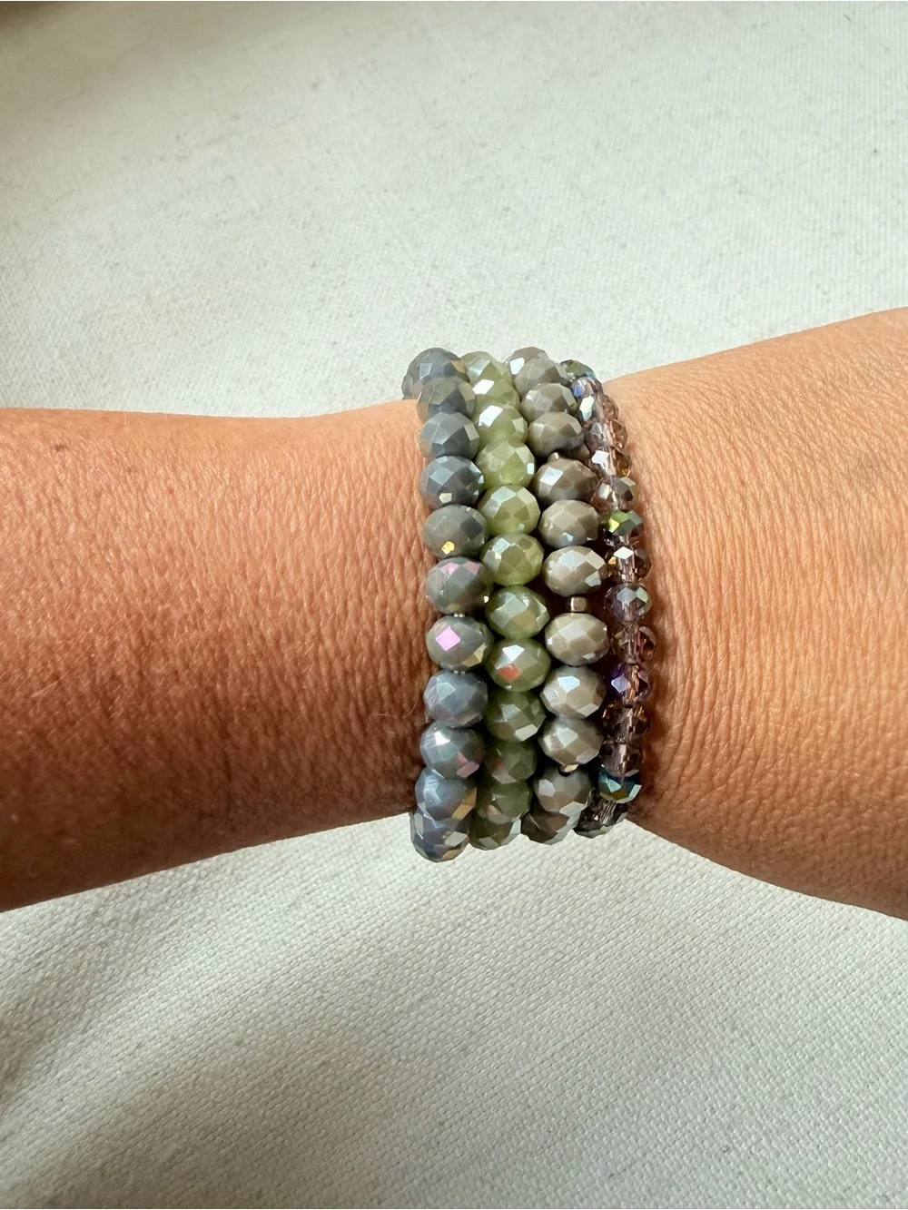 4 Neutral Faceted Glass Bead Bracelet Set - Olive, Gray & Taupe